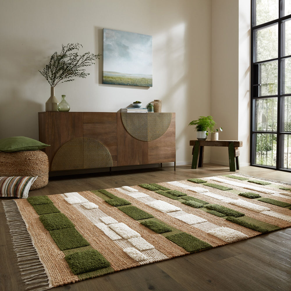 Teppich Hoch-Tief Struktur Gestreift - Patchwork-Optik - Fransen_Natur-Grün_Rechteckig_