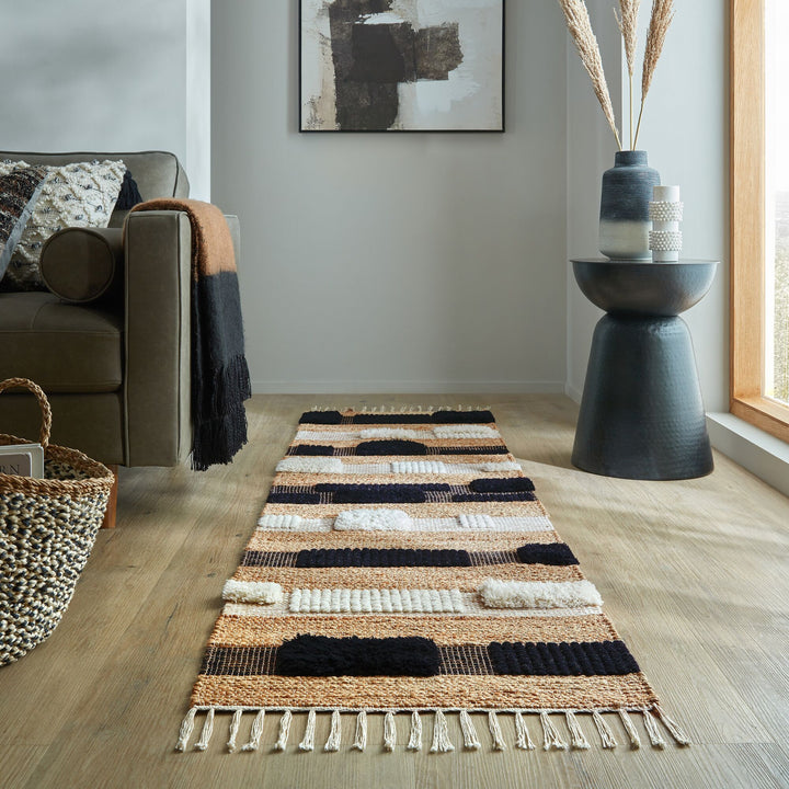 Teppich Hoch-Tief Struktur Gestreift - Patchwork-Optik - Fransen_Natur-Schwarz_Läufer_