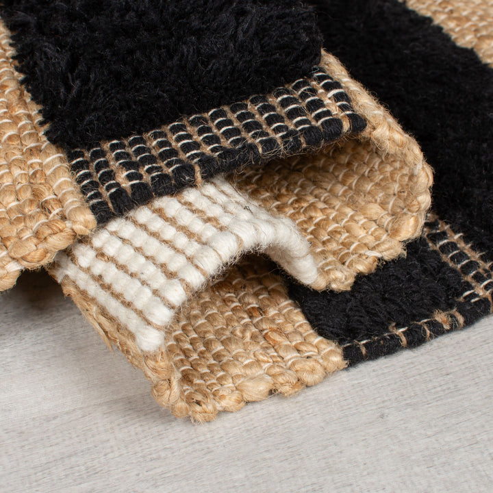 Strukturierter Teppich Jute-Wolle-Baumwolle Handgewebt - mit Geometrischem Blockmuster_Läufer_