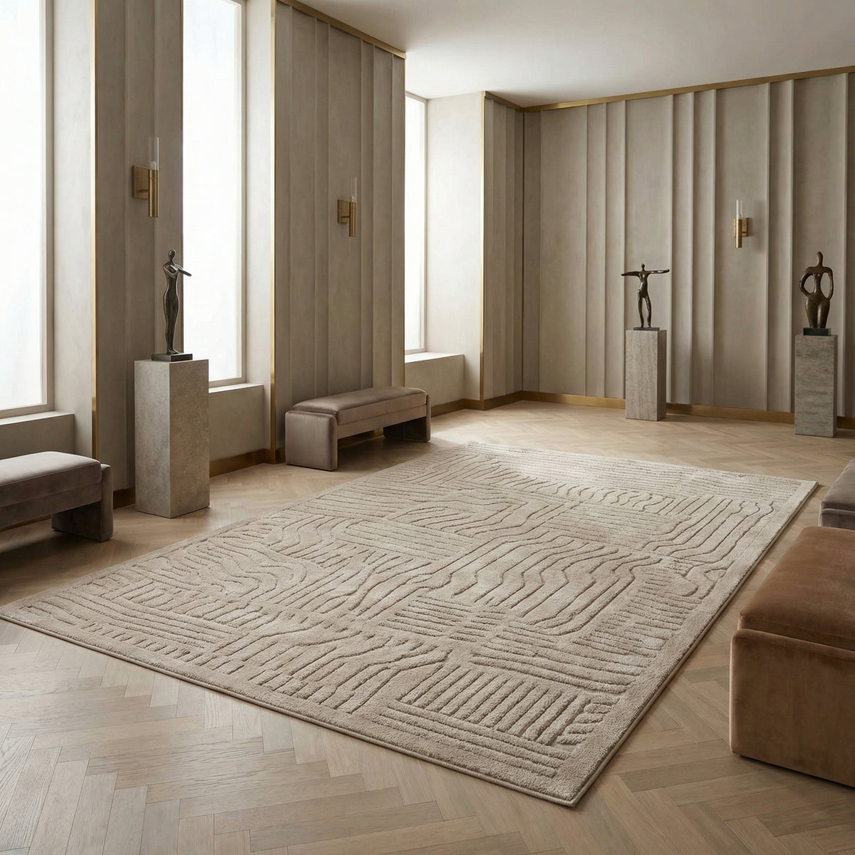 Nahaufnahme der Textur des Teppichs EDEN-Carlisle, die ein wellenförmiges, labyrinthartiges 3D-Muster in Beige zeigt_