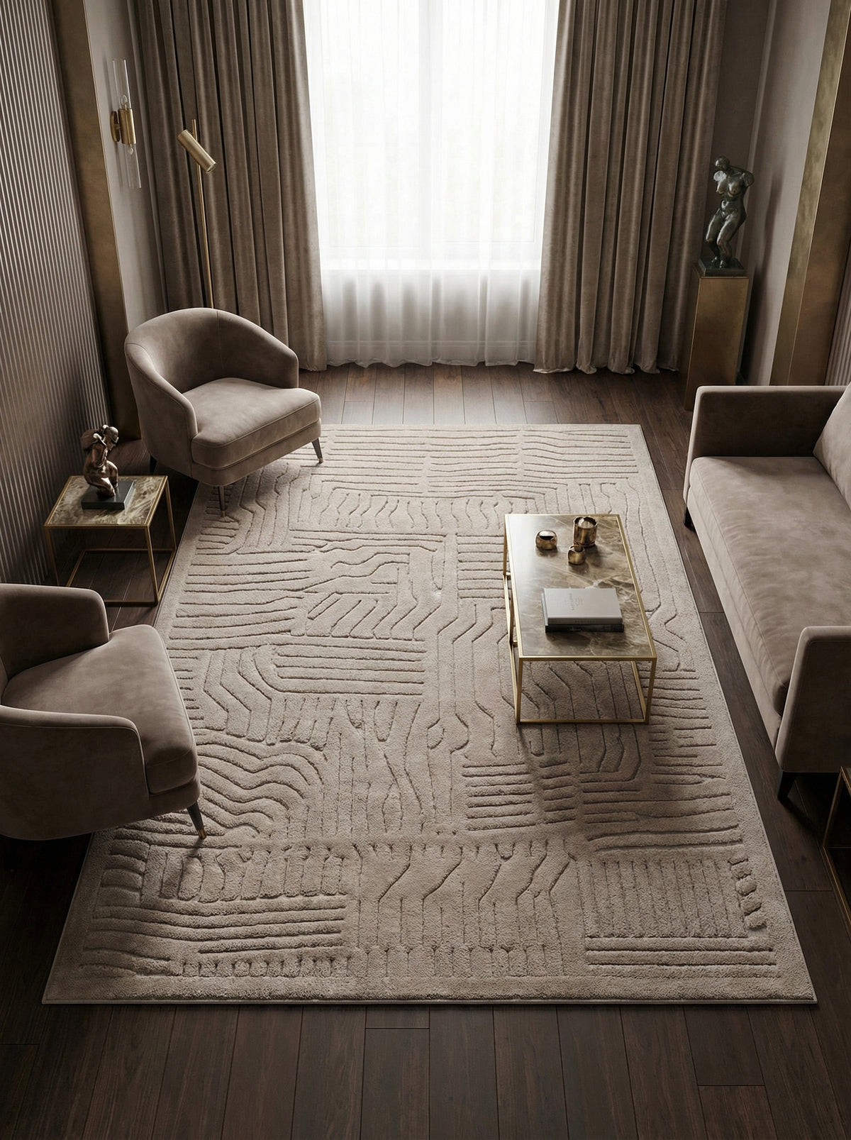 Nahaufnahme der Textur des Teppichs EDEN-Carlisle, die ein wellenförmiges, labyrinthartiges 3D-Muster in Beige zeigt