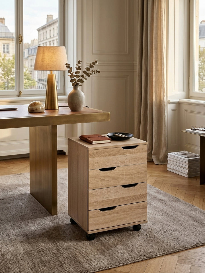 Bürocontainer mit 40x40cm Grundfläche von oben betrachtet, perfekt platziert unter einem massiven Schreibtisch im luxuriösen und modernen Arbeitszimmer._