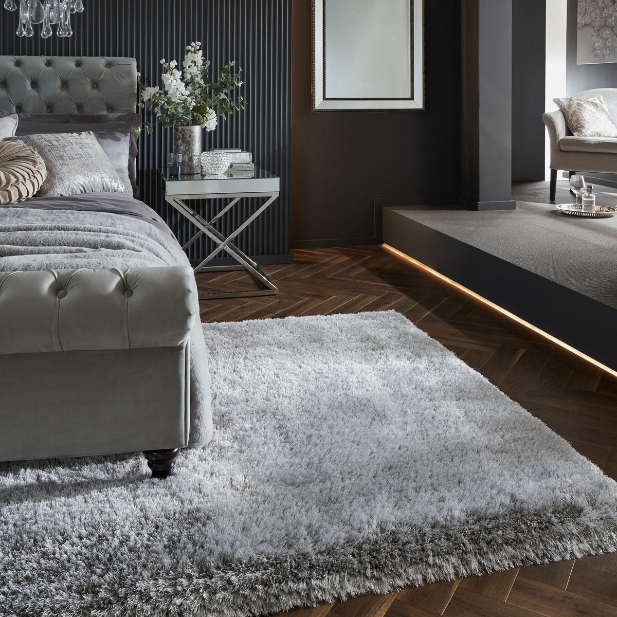 Superweicher Hochflor-Teppich in modernem Design Silber Rechteckig