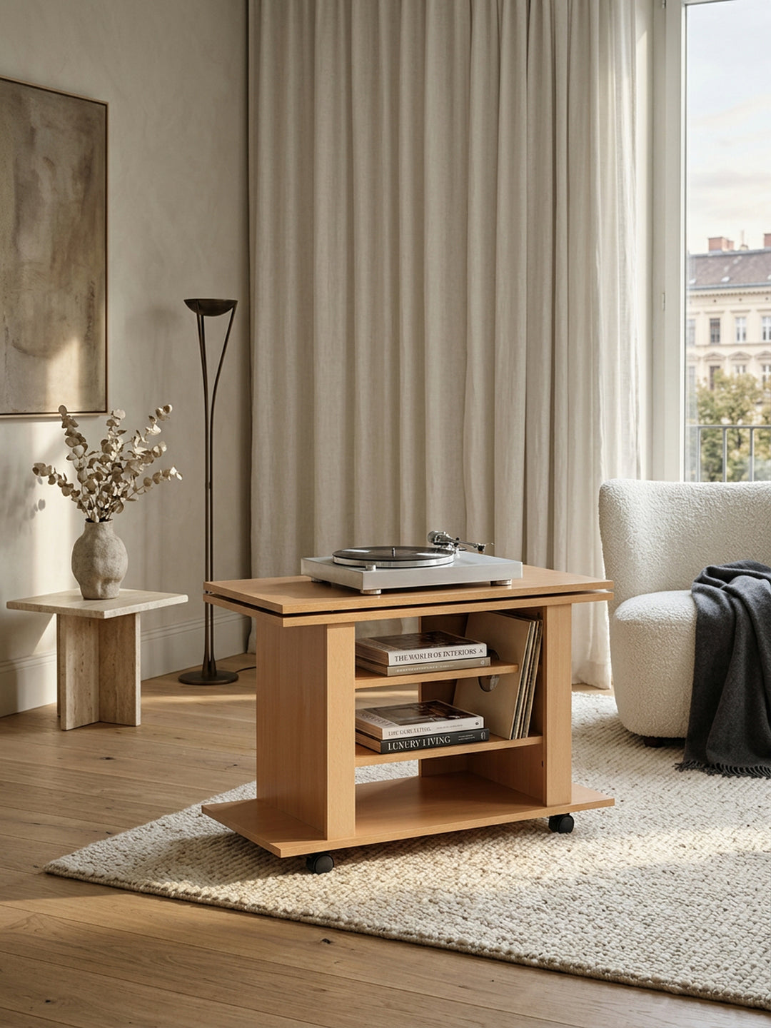 TV HiFi Bank in Buchenholz_ modernes Design_ drehbar und rollbar_ mit 3 Ebenen_ perfekt für Wohnbereiche - KADIMA DESIGN_Größe_ 75x38x51 cm_
