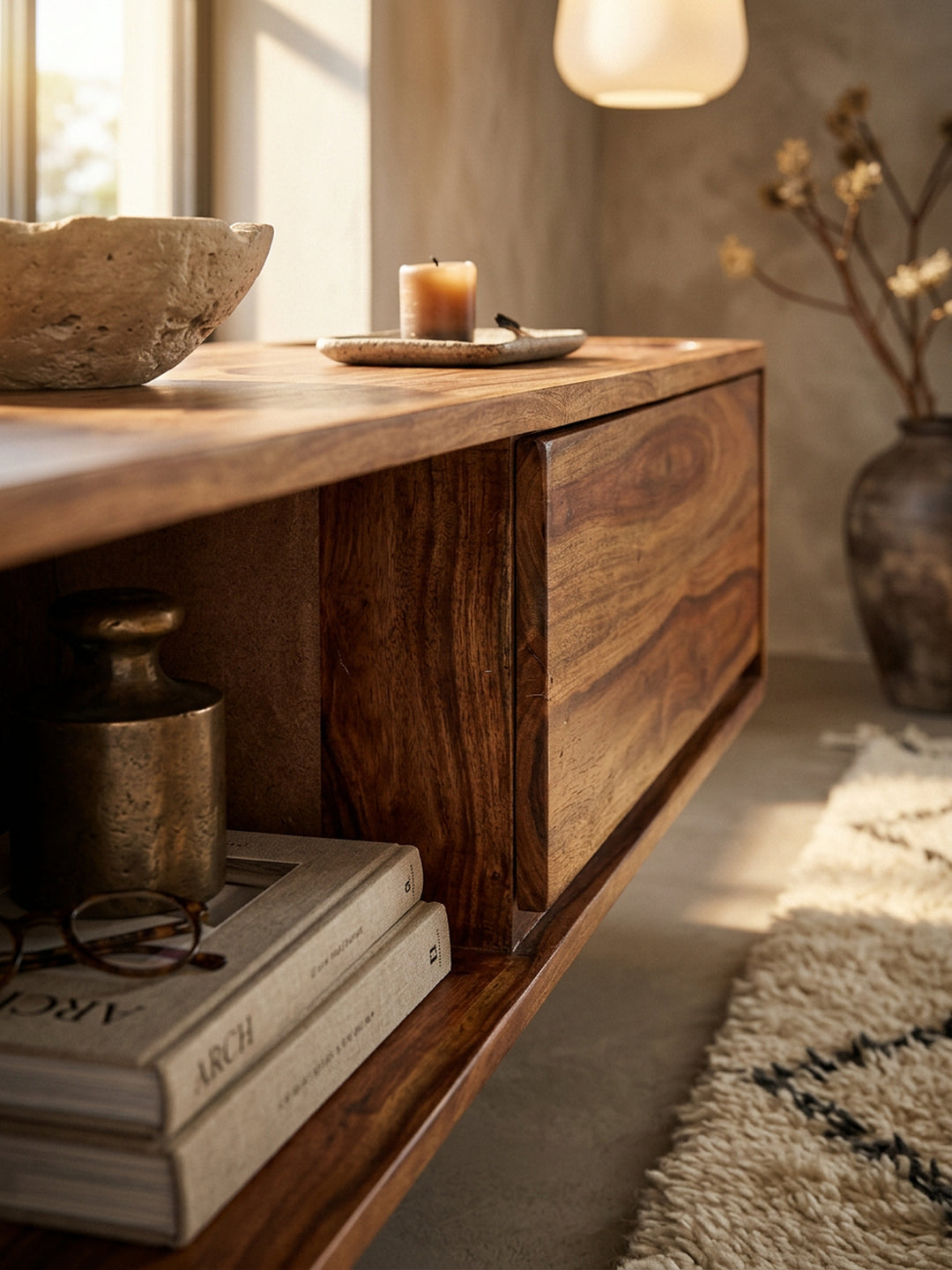 Sheesham TV-Kommode_ bis 50 Zoll_ Schublade_ offenes Fach_ Einfache Reinigung - KADIMA DESIGN_Größe_ 108x34x25 cm_