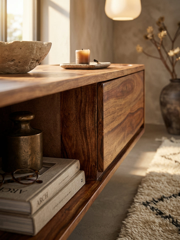 Sheesham TV-Kommode_ bis 50 Zoll_ Schublade_ offenes Fach_ Einfache Reinigung - KADIMA DESIGN_Größe_ 108x34x25 cm_