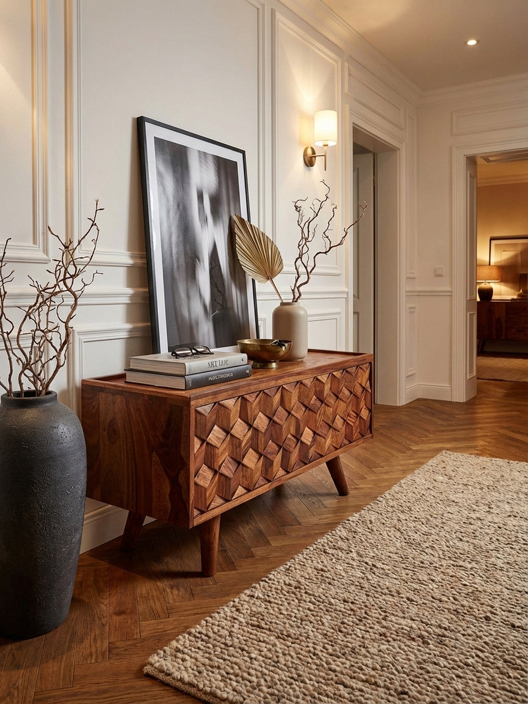 Aufsicht auf den Designer TV-Schrank aus Sheesham-Holz in einem stilvollen Wohnzimmer. Die kompakte Fernsehkommode (92 cm) ist ideal für kleine Räume und moderne Einrichtung._