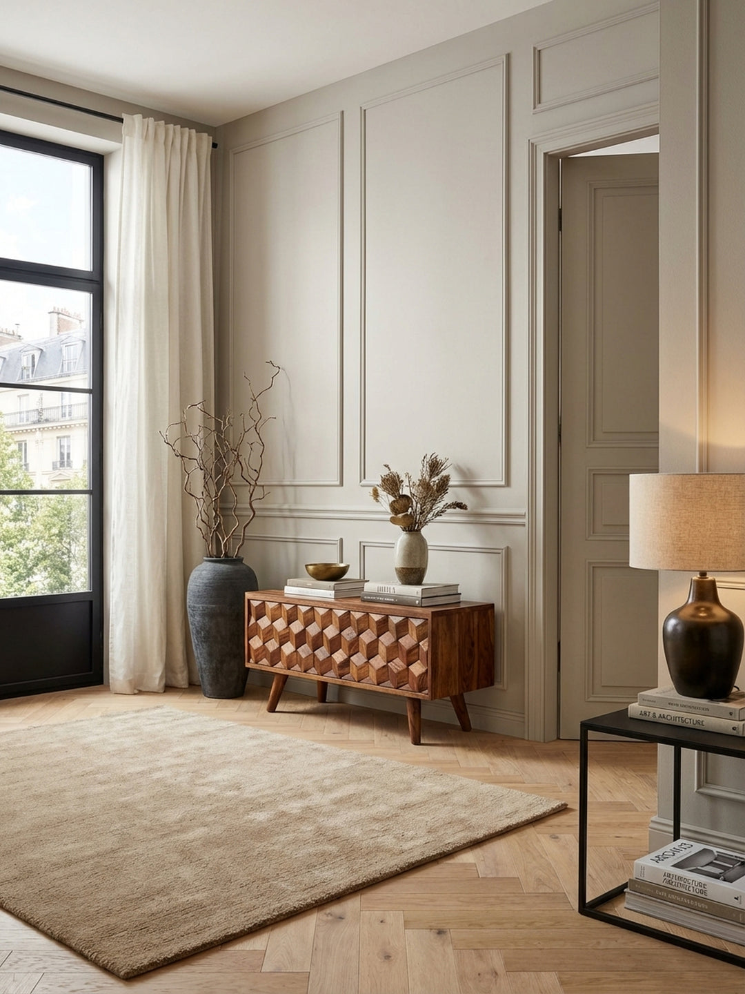 Modernes Lowboard aus massivem Sheesham-Holz (92x44cm) in einem hellen Wohnzimmer, dekoriert mit einer eleganten Vase. Der TV-Schrank steht auf einem weichen Wollteppich._