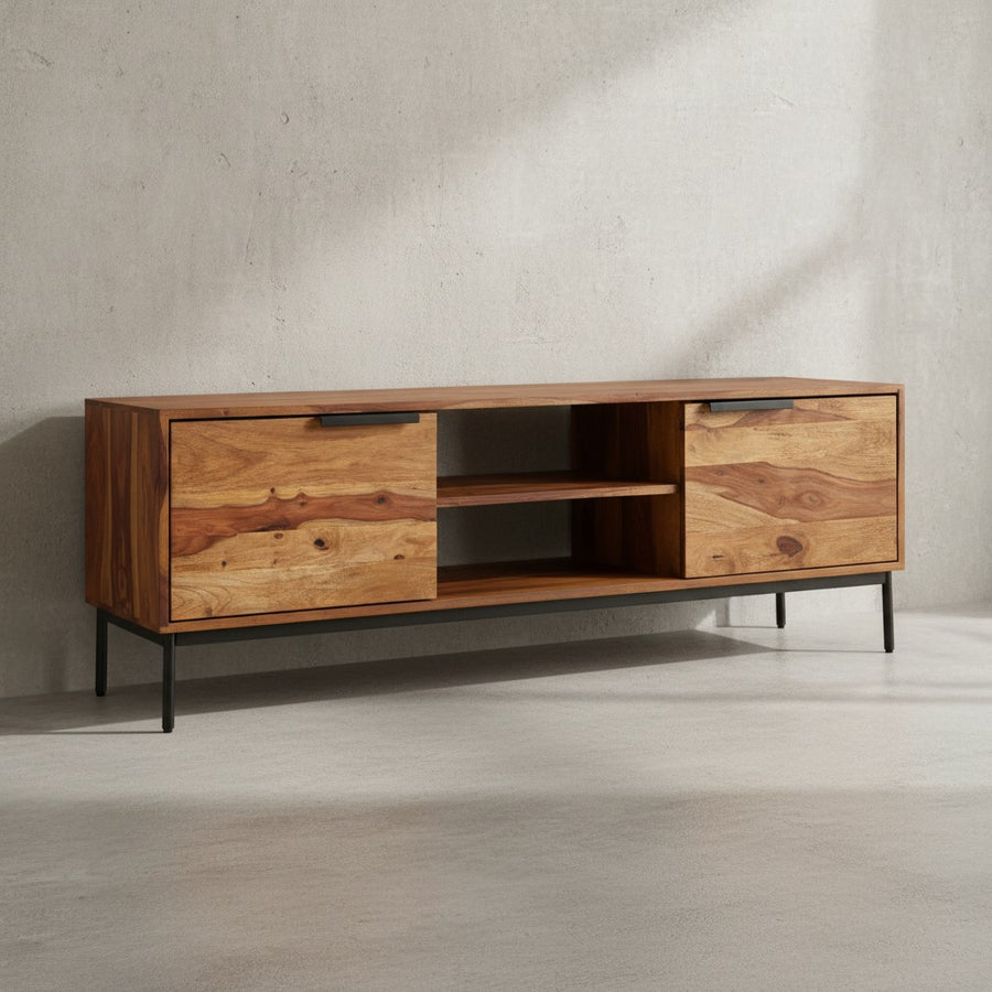 TV-Kommode für 60 Zoll Fernseher_ Sheesham Massivholz_ offene Ablagefächer_ Anti-Rutsch-Noppen - KADIMA DESIGN_Größe_ 147x38x51 cm_