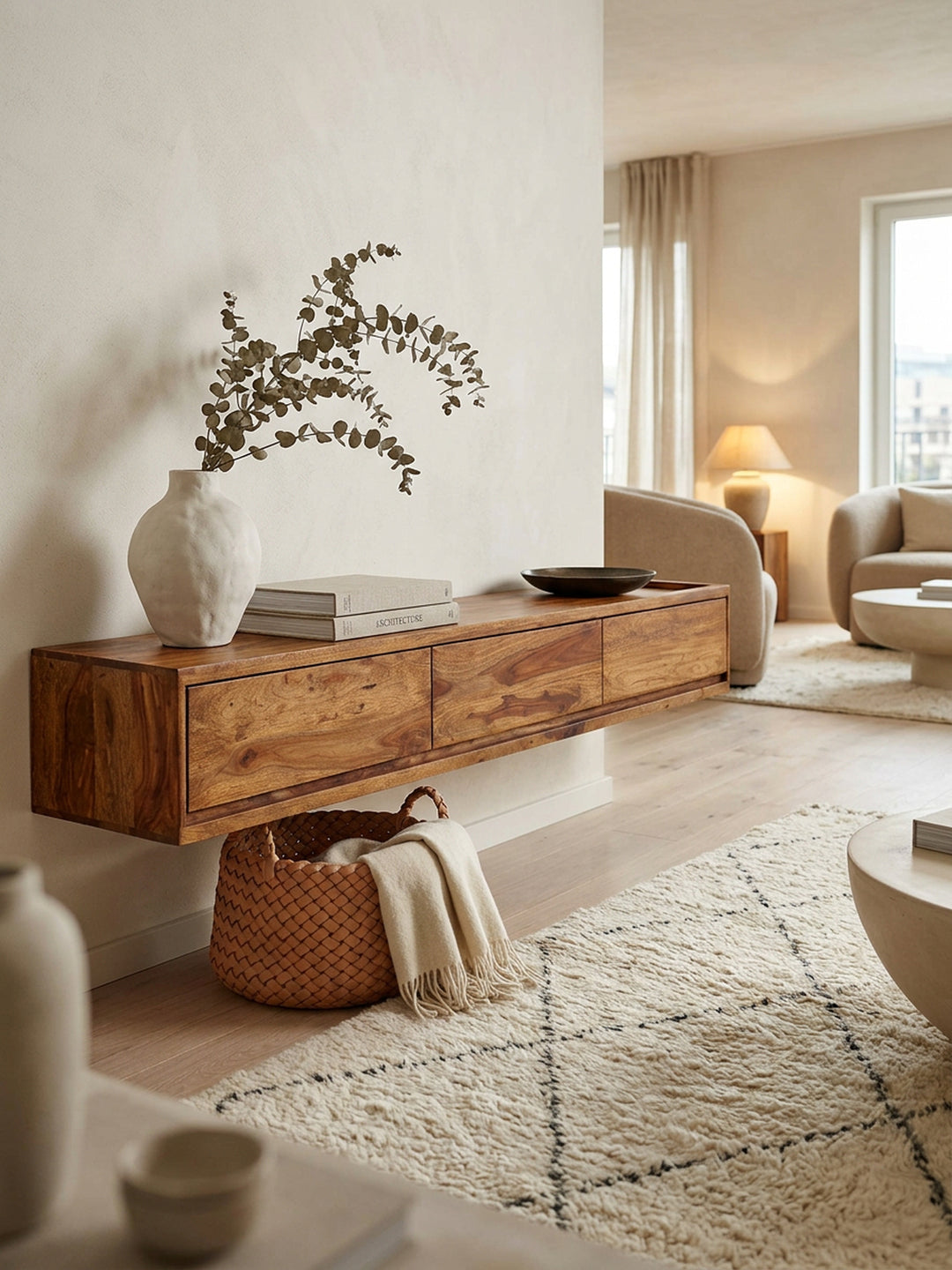 TV-Kommode zum Aufhängen_ Sheeshamholz_ bis 65 Zoll_ 3 Schubladen - KADIMA DESIGN_Größe_ 160x35x25 cm_