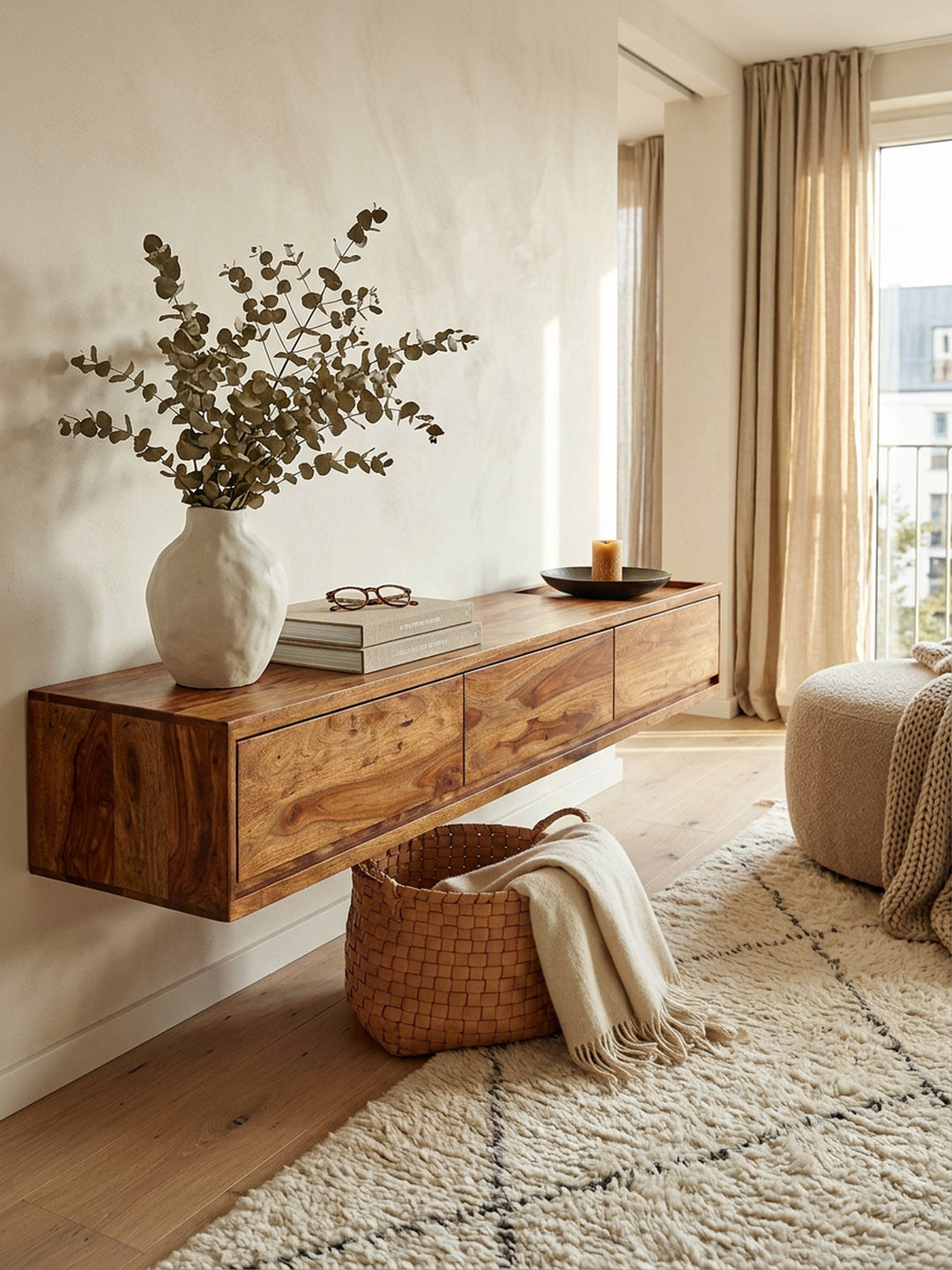 TV-Kommode zum Aufhängen_ Sheeshamholz_ bis 65 Zoll_ 3 Schubladen - KADIMA DESIGN_Größe_ 160x35x25 cm_