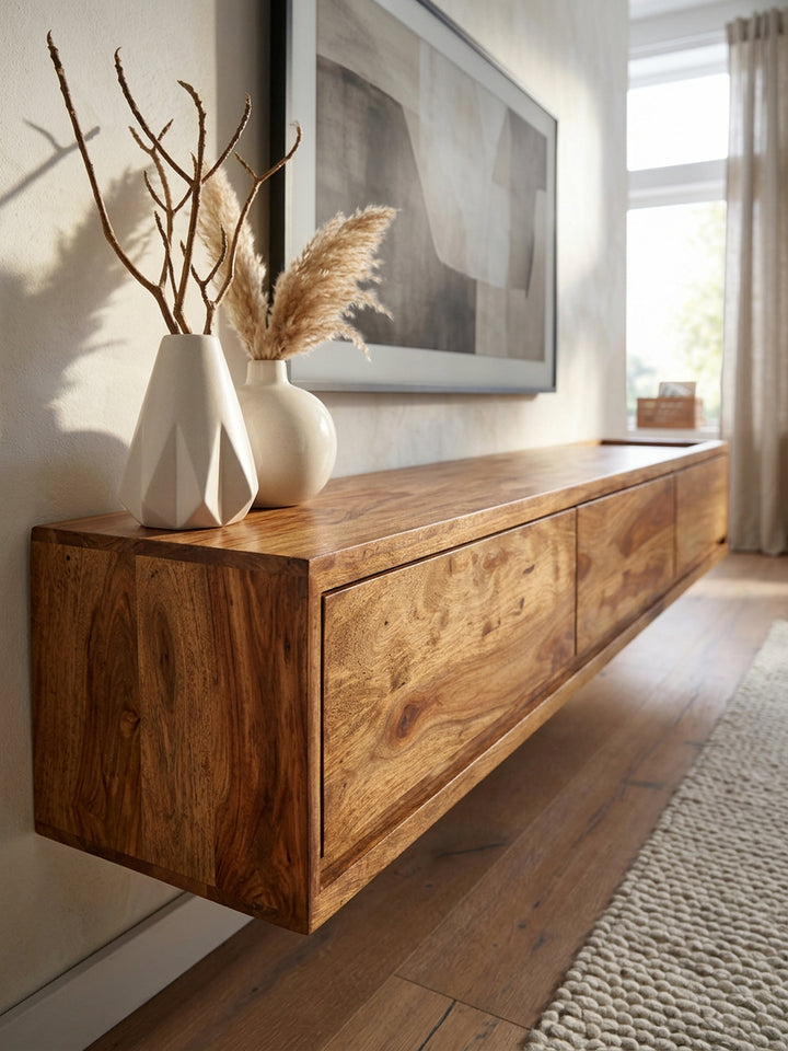 TV-Kommode zum Aufhängen_ Sheeshamholz_ bis 65 Zoll_ 3 Schubladen - KADIMA DESIGN_Größe_ 160x35x25 cm_