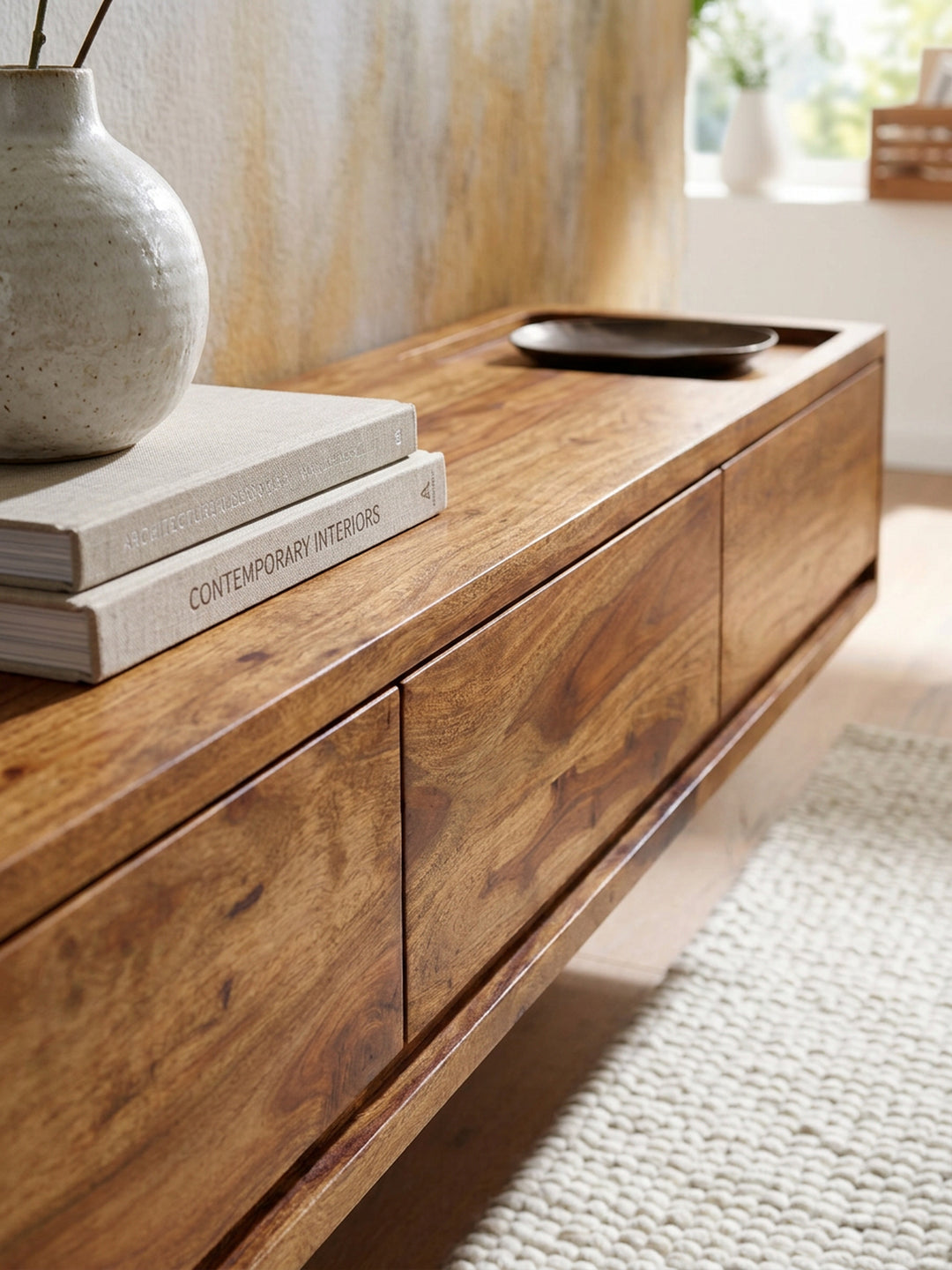 TV-Kommode zum Aufhängen_ Sheeshamholz_ bis 65 Zoll_ 3 Schubladen - KADIMA DESIGN_Größe_ 160x35x25 cm_