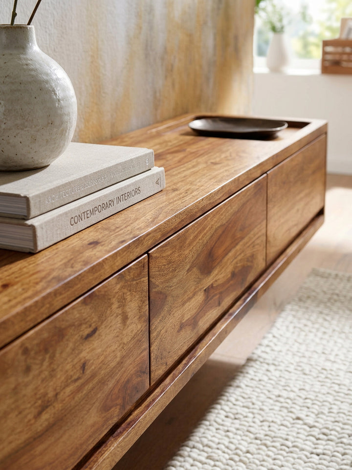 TV-Kommode zum Aufhängen_ Sheeshamholz_ bis 65 Zoll_ 3 Schubladen - KADIMA DESIGN_Größe_ 160x35x25 cm_