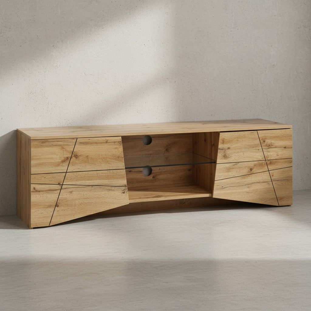 TV-Lowboard Holz Eiche-Dekor_ Platz für 70-Zoll TV_ Eichenoptik und Glas - KADIMA DESIGN_Größe_ 160x40x50 cm_
