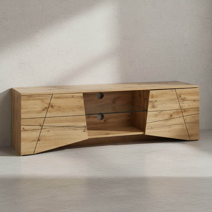 TV-Lowboard Holz Eiche-Dekor_ Platz für 70-Zoll TV_ Eichenoptik und Glas - KADIMA DESIGN_Größe_ 160x40x50 cm_