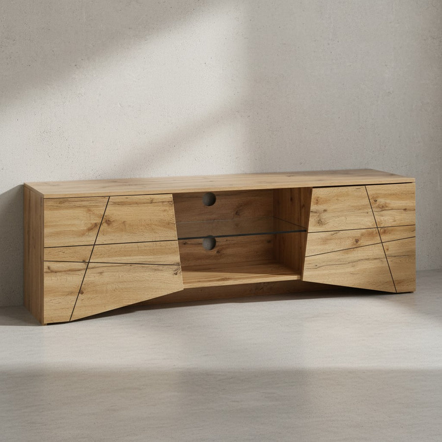 TV-Lowboard Holz Eiche-Dekor_ Platz für 70-Zoll TV_ Eichenoptik und Glas - KADIMA DESIGN_Größe_ 160x40x50 cm_