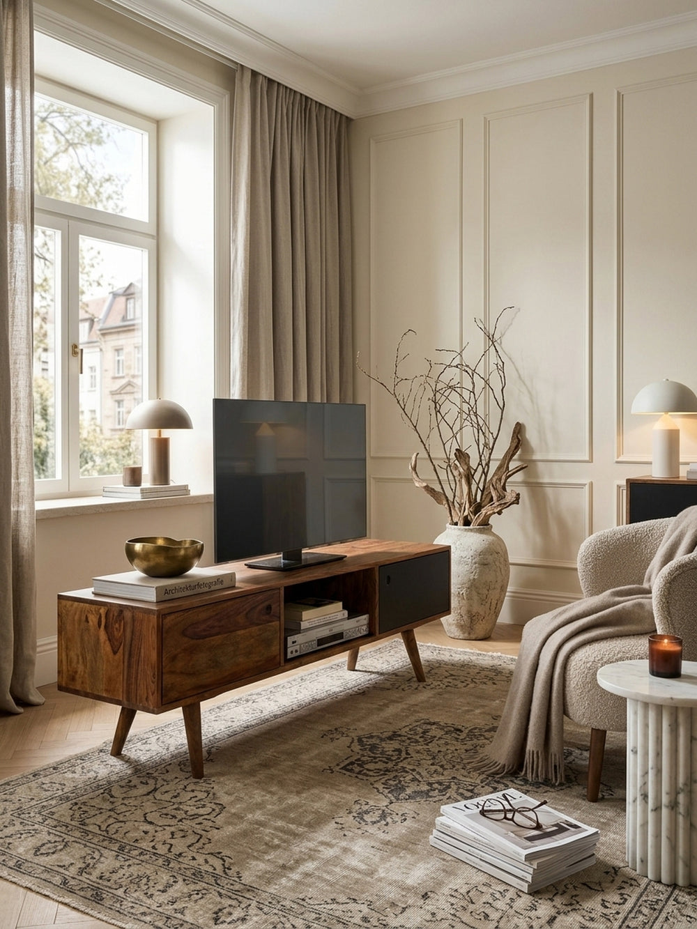 Massivholz Sheesham Scharniere und Beinhalterungen aus Metall aus warmem Sheesham-Massivholz mit markanter Maserung in modernem Wohnzimmer mit Teppich und stimmungsvoller Beleuchtung_