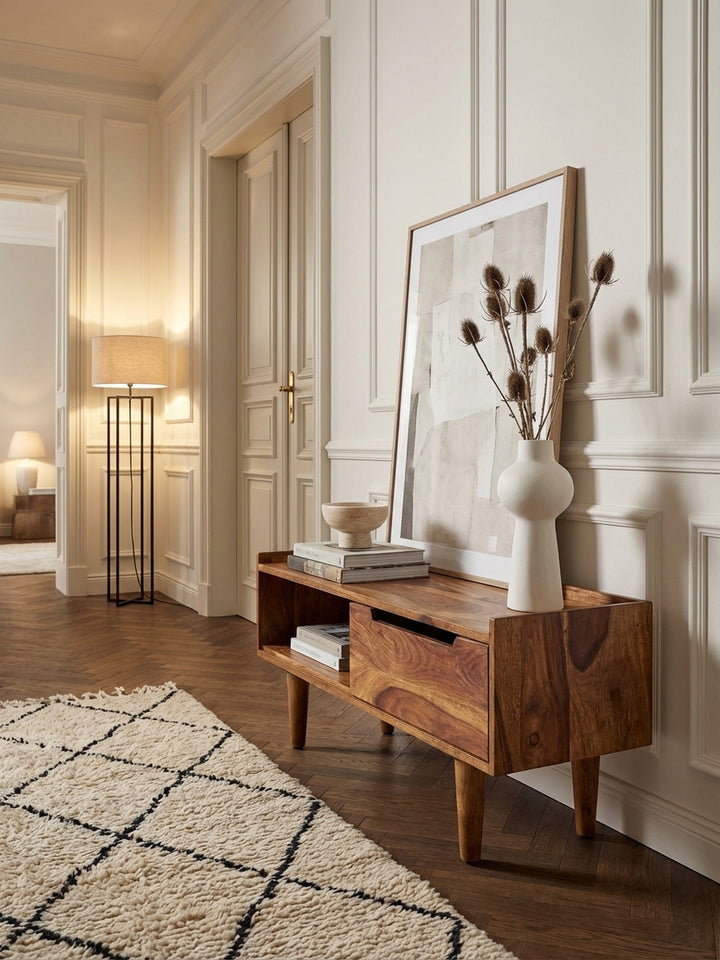 Modernes Lowboard aus massivem Sheesham-Holz im Wohnzimmer, stilvoll dekoriert mit Büchern und einer Vase unter einem Fernseher an einer grauen Wand._