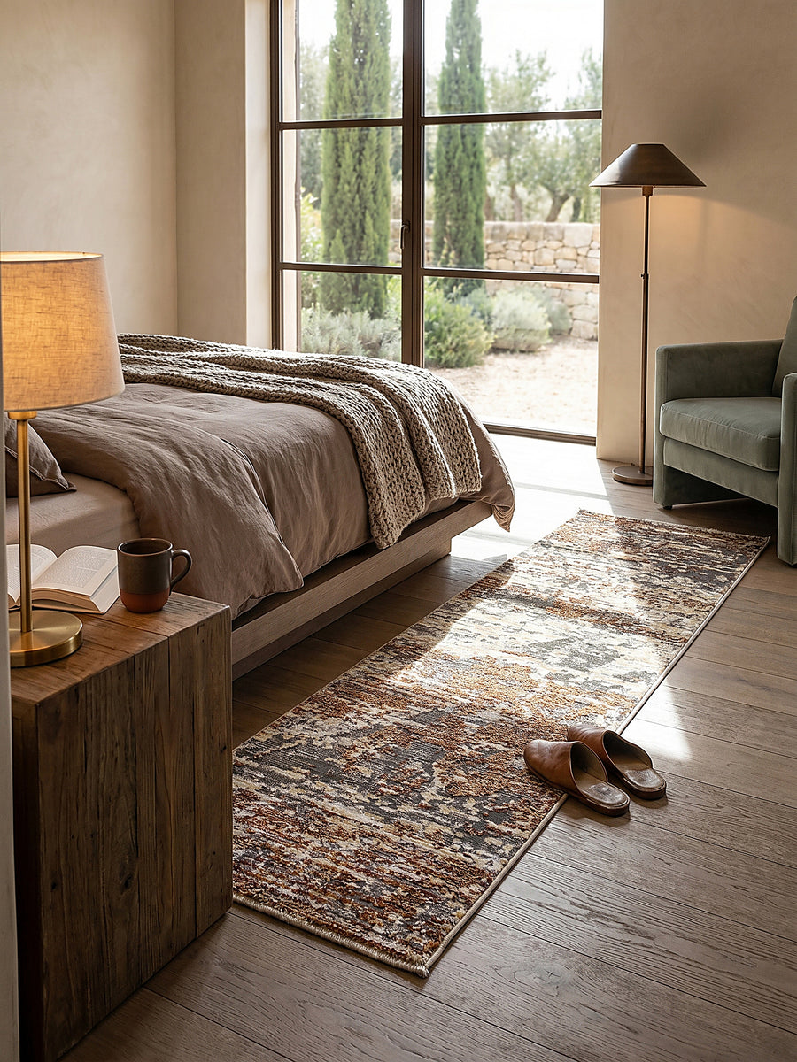 Teppich Erdtöne Läufer im Wohnzimmer mit Couchtisch und Wohnaccessoires Wohnidee skandinavisch modern_