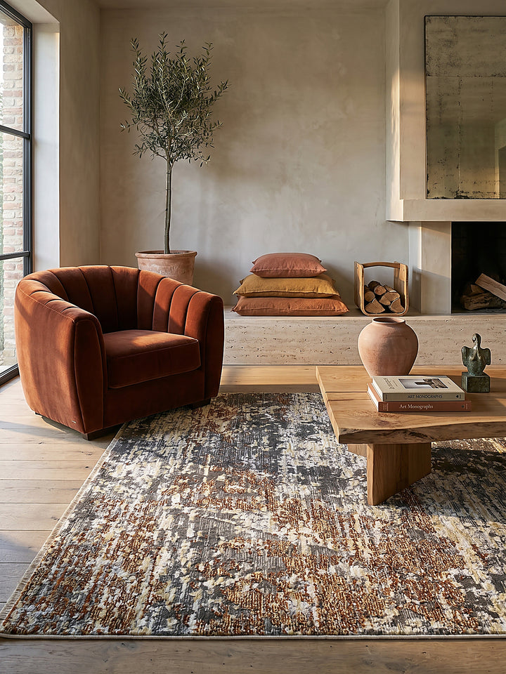 Teppich Erdtöne rechteckig im Wohnzimmer mit Couchtisch und Wohnaccessoires Wohnidee skandinavisch modern_