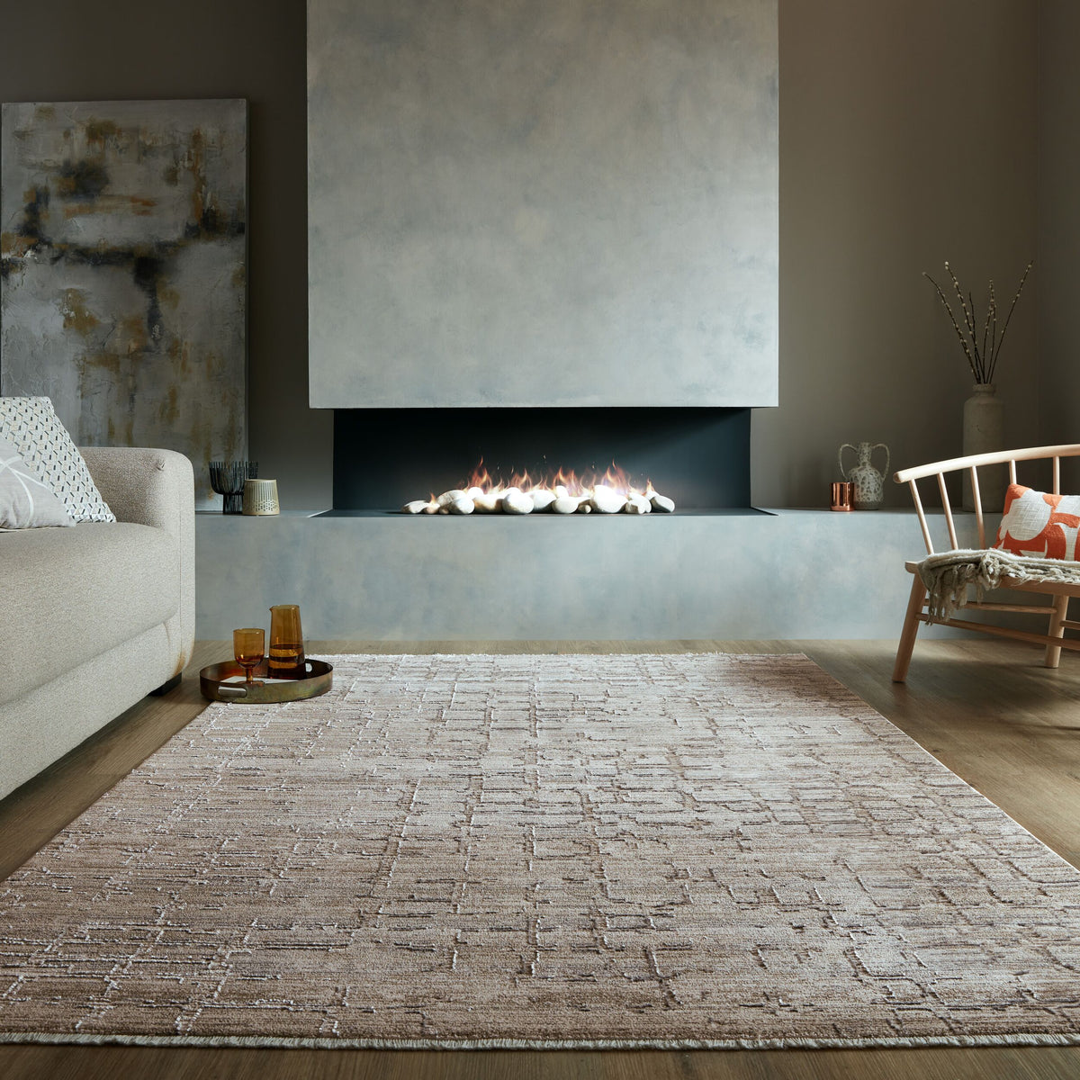 Teppich Kurzflor Backstein Muster - Struktur - Wohnzimmer Taupe Rechteckig