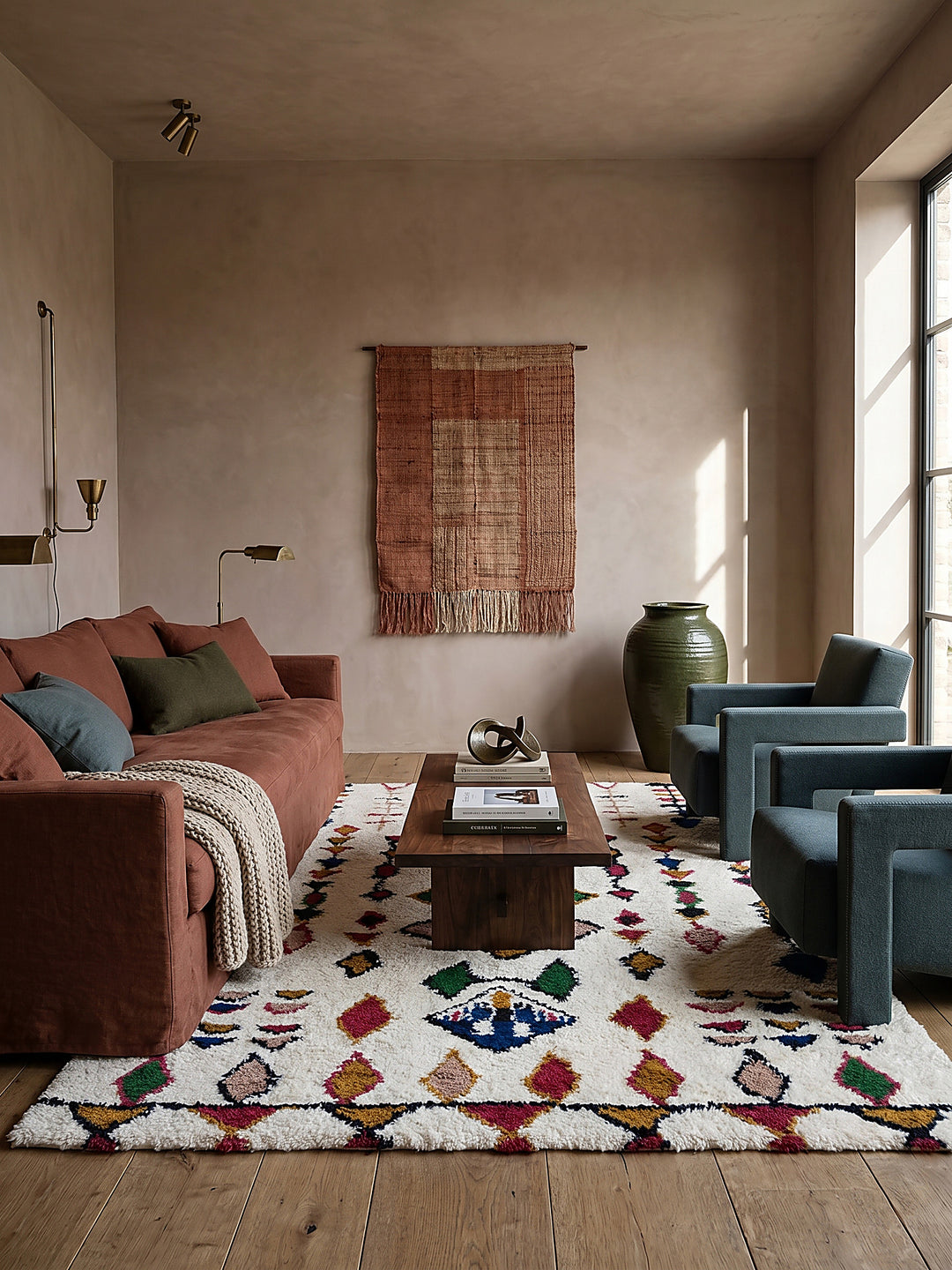 Teppich Multicolor rechteckig im Wohnzimmer mit Couchtisch und Wohnaccessoires Wohnidee skandinavisch modern_