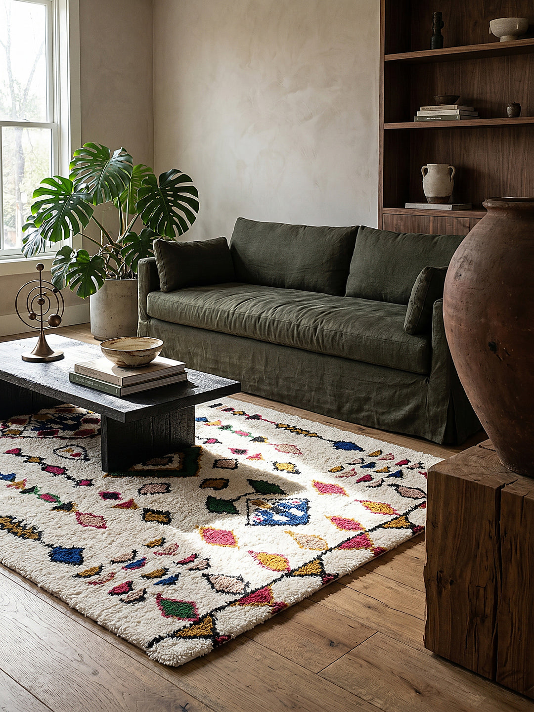 Teppich Multicolor rechteckig Editorial Interior als Designobjekt drapiert hochwertige Wohnaccessoires_