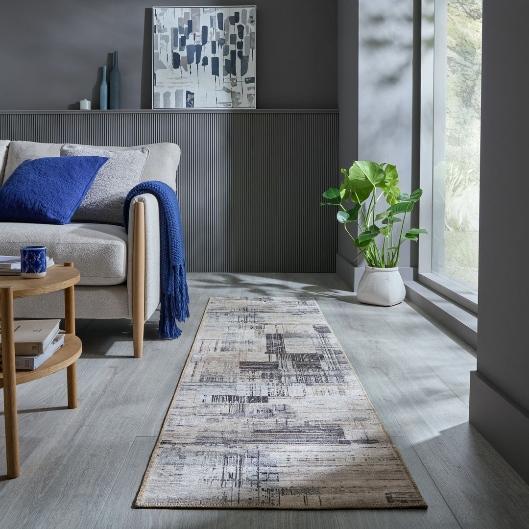 Waschbarer Teppich Abstrakt - Wohnzimmer schmutzabweisend_Grau_Läufer_