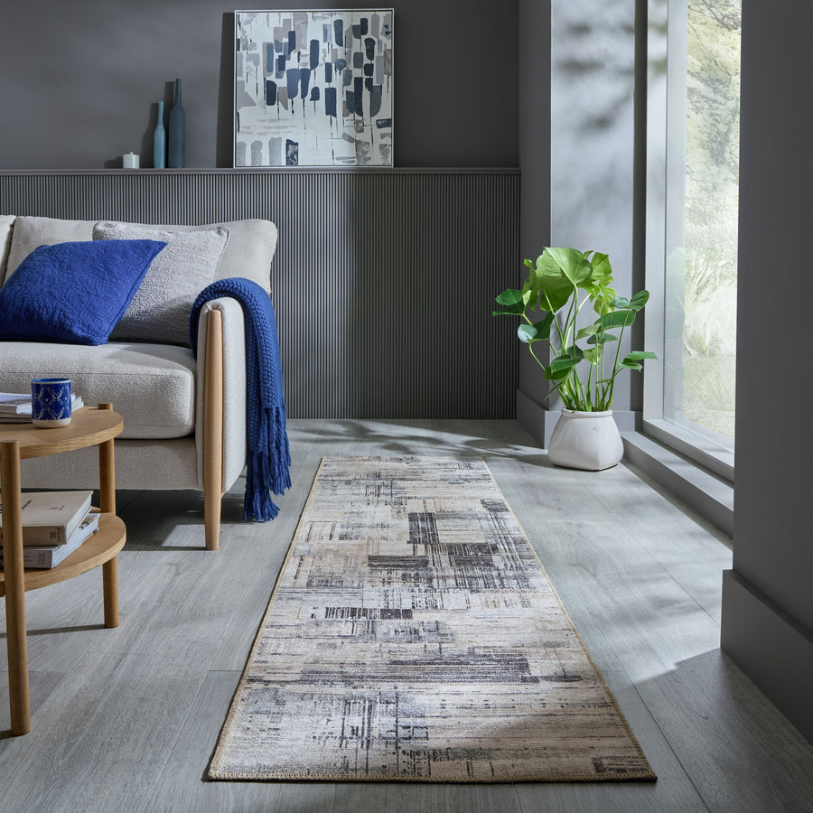Waschbarer Teppich Abstrakt - Wohnzimmer schmutzabweisend_Grau_Läufer_