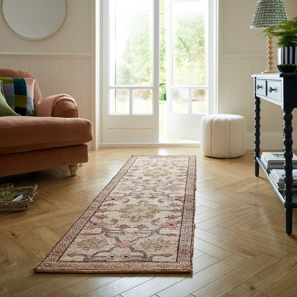 Flachgewebe Teppich mit floralem Oriental-Muster - Jute-Chenille-Mischung_Rosa_Läufer_