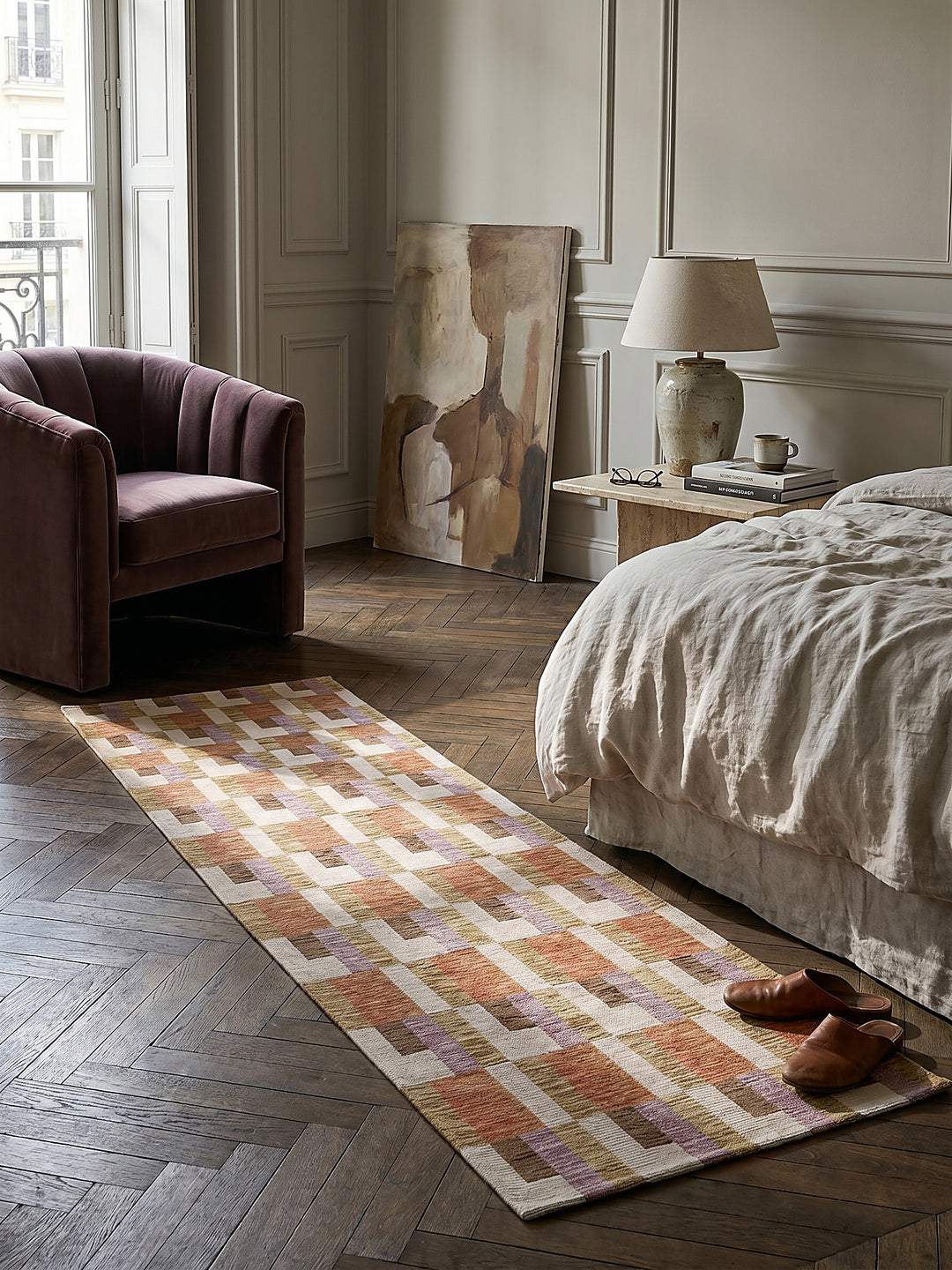 Teppich Orange-Natur Läufer im Wohnzimmer mit Couchtisch und Wohnaccessoires Wohnidee skandinavisch modern_