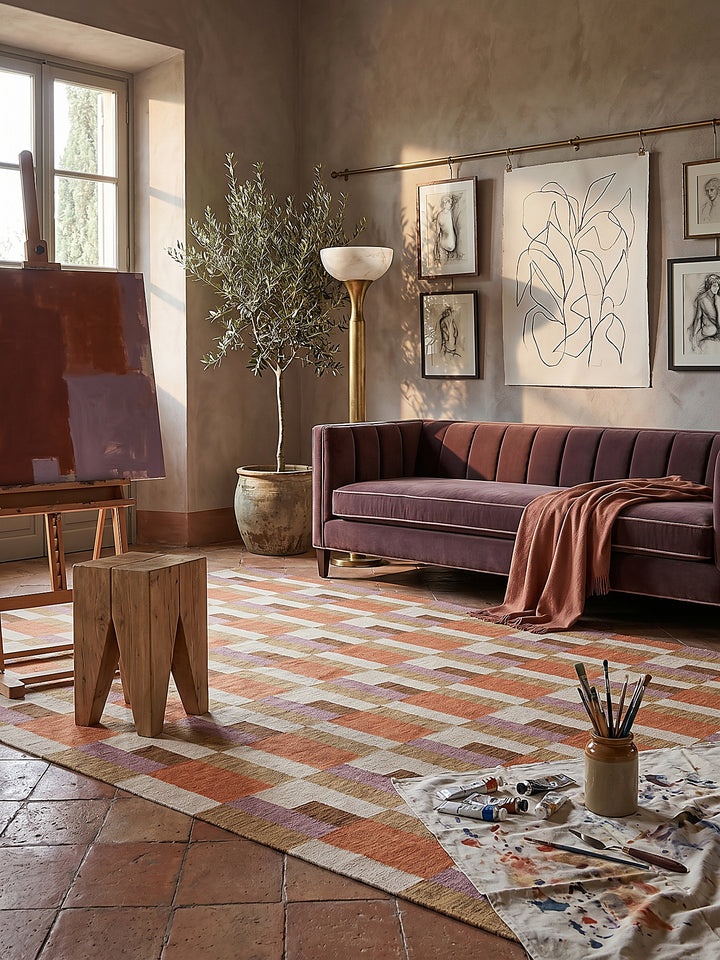 Teppich Orange-Natur rechteckig im Wohnzimmer mit Couchtisch und Wohnaccessoires Wohnidee skandinavisch modern_