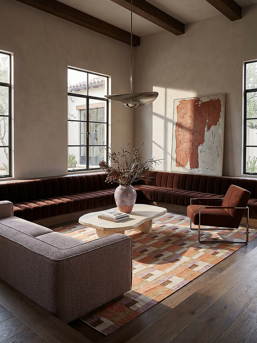 Teppich Orange-Natur rechteckig im modernen Wohnzimmer Einrichtungsidee_
