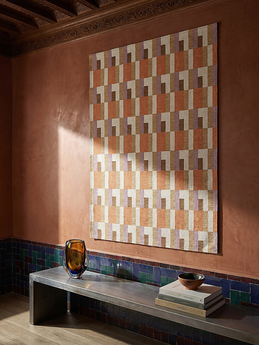 Teppich Orange-Natur rechteckig als Wandteppich Wanddekoration Textilkunst Interior Design_