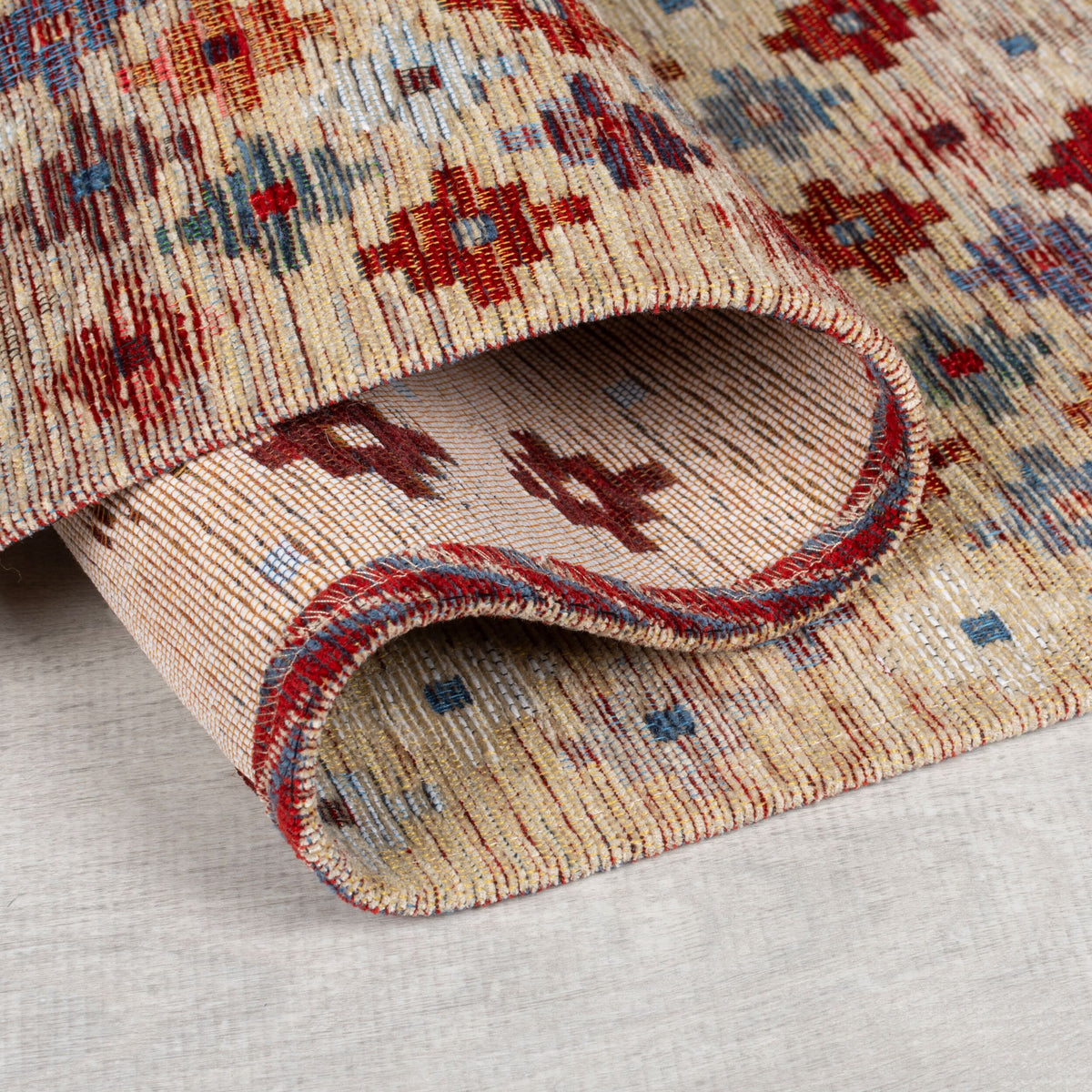 Teppich Kelim-Ethno Beige-Bunt Flachgewebe Rückseite Kante Detail Rechteckig
