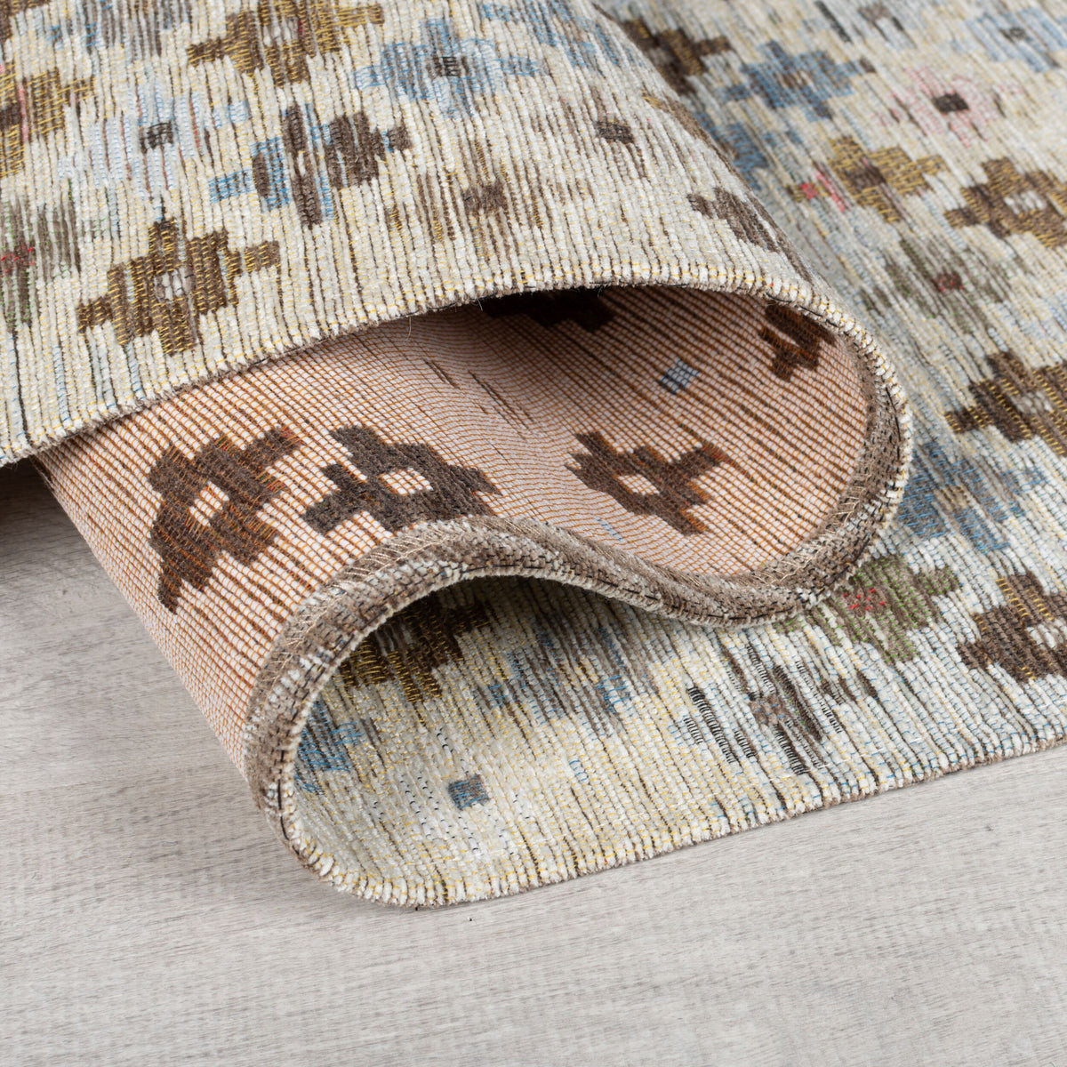 Teppich Kelim-Ethno Beige-Pastell Flachgewebe Rückseite Kante Detail Rechteckig_