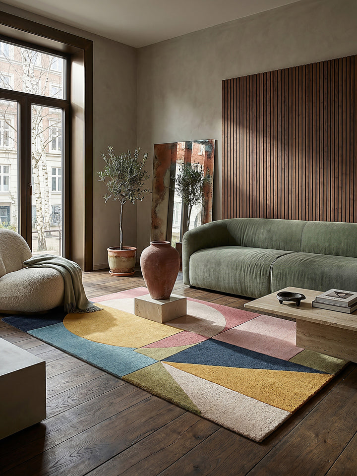 Teppich Multicolor-Strahlend rechteckig Editorial Interior als Designobjekt drapiert hochwertige Wohnaccessoires_
