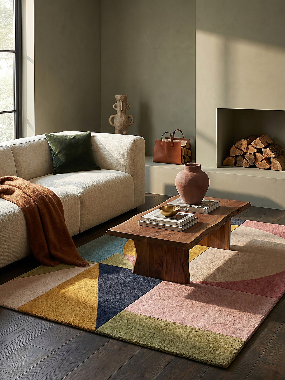 Teppich Multicolor-Strahlend rechteckig im Wohnzimmer mit Couchtisch und Wohnaccessoires Wohnidee skandinavisch modern_