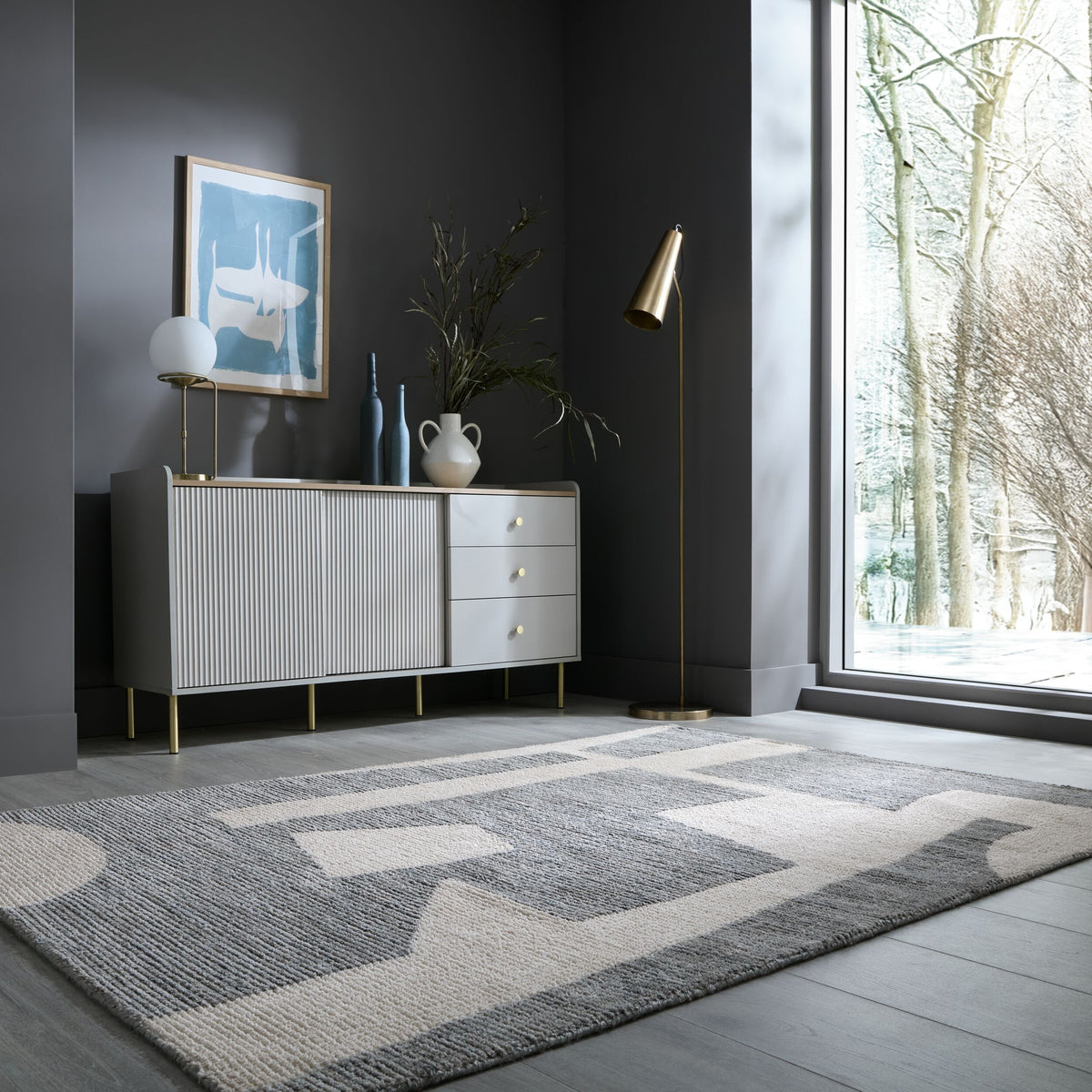 Teppich Kurzflor Collage Muster - Abstrakt - Wohnzimmer Grau-Beige Rechteckig