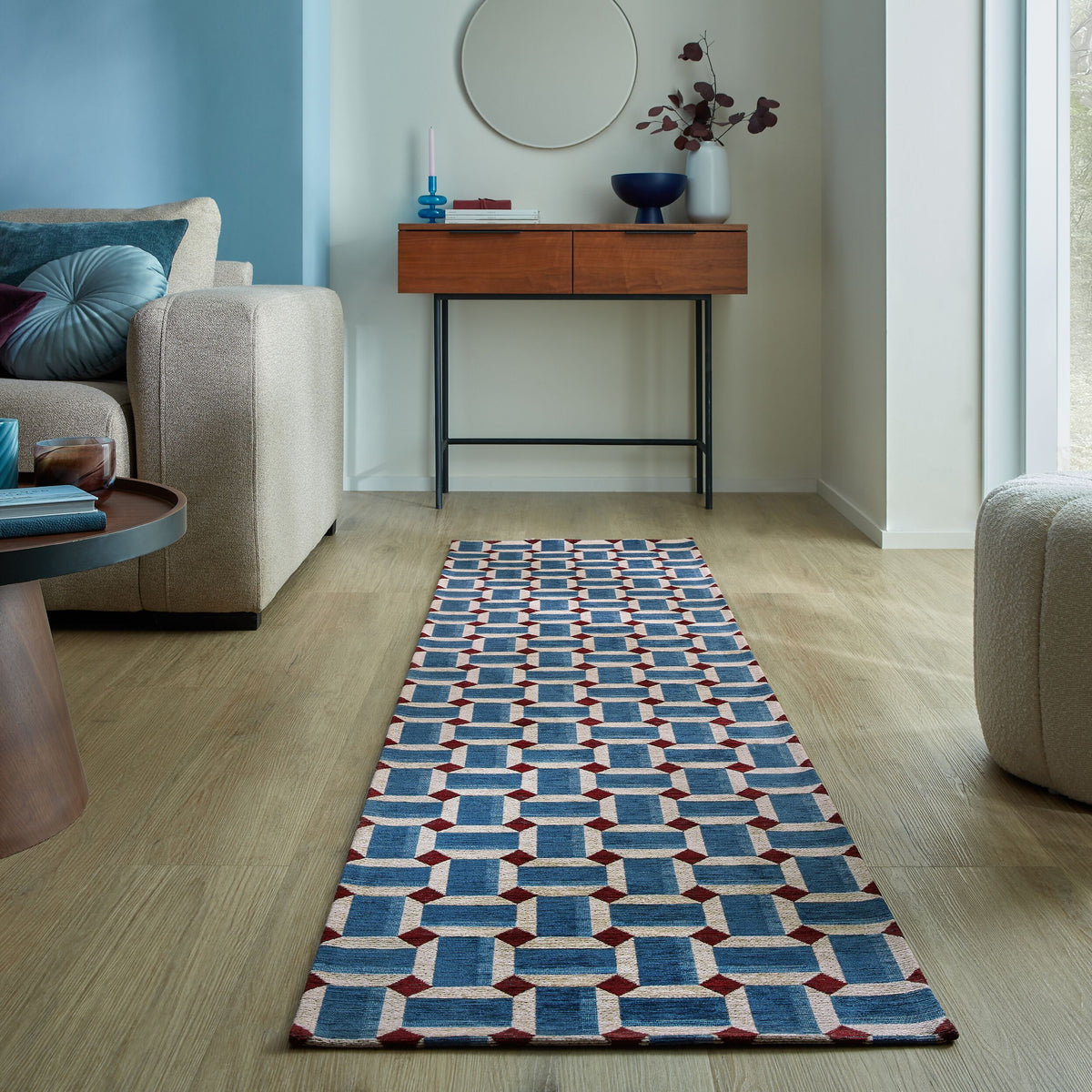 Teppich Kurzflor Würfel Muster - Geometrisch - Wohnzimmer_Blau_Läufer_