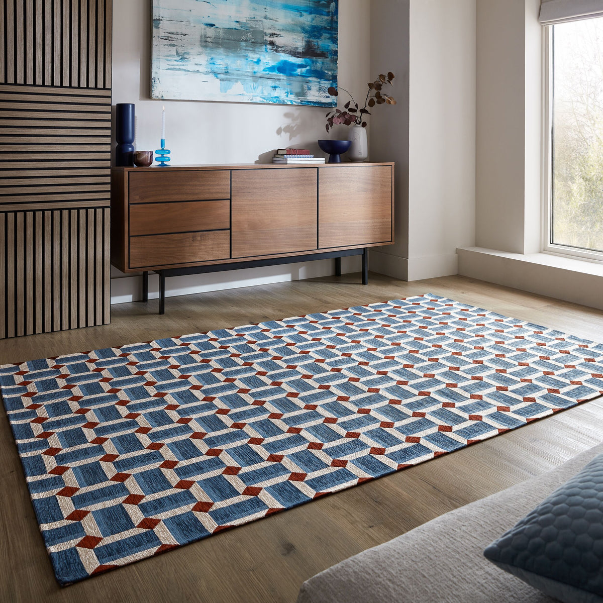 Teppich Kurzflor Würfel Muster - Geometrisch - Wohnzimmer_Blau_Rechteckig_