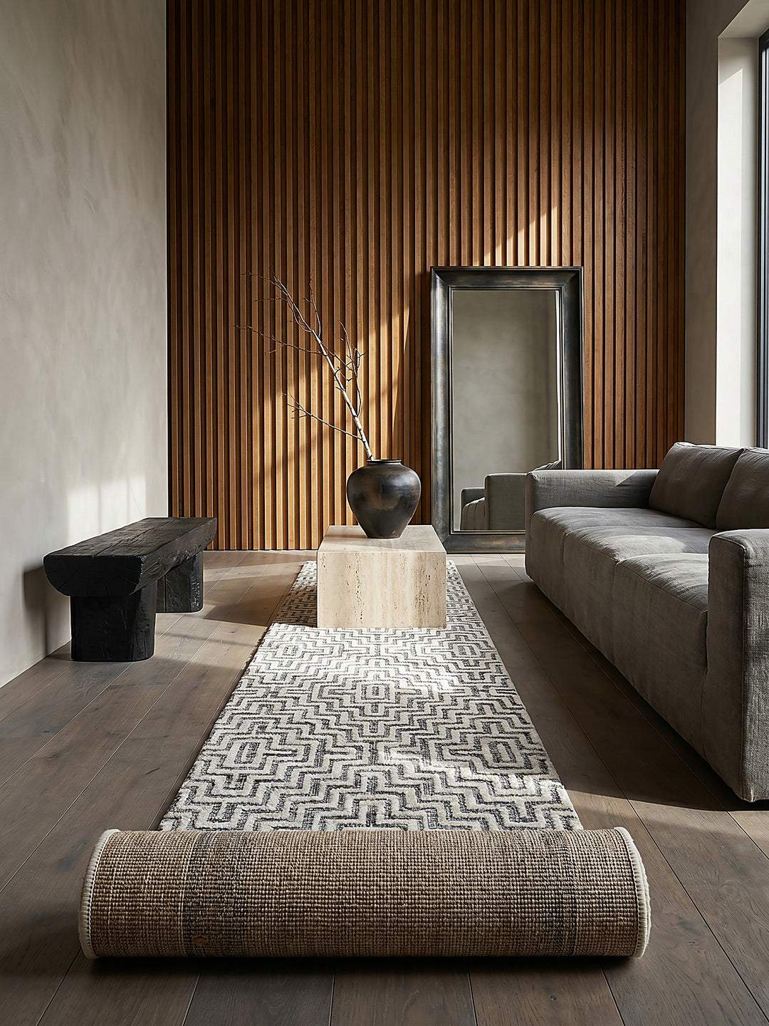 Teppich Grau Läufer Editorial Interior als Designobjekt drapiert hochwertige Wohnaccessoires_