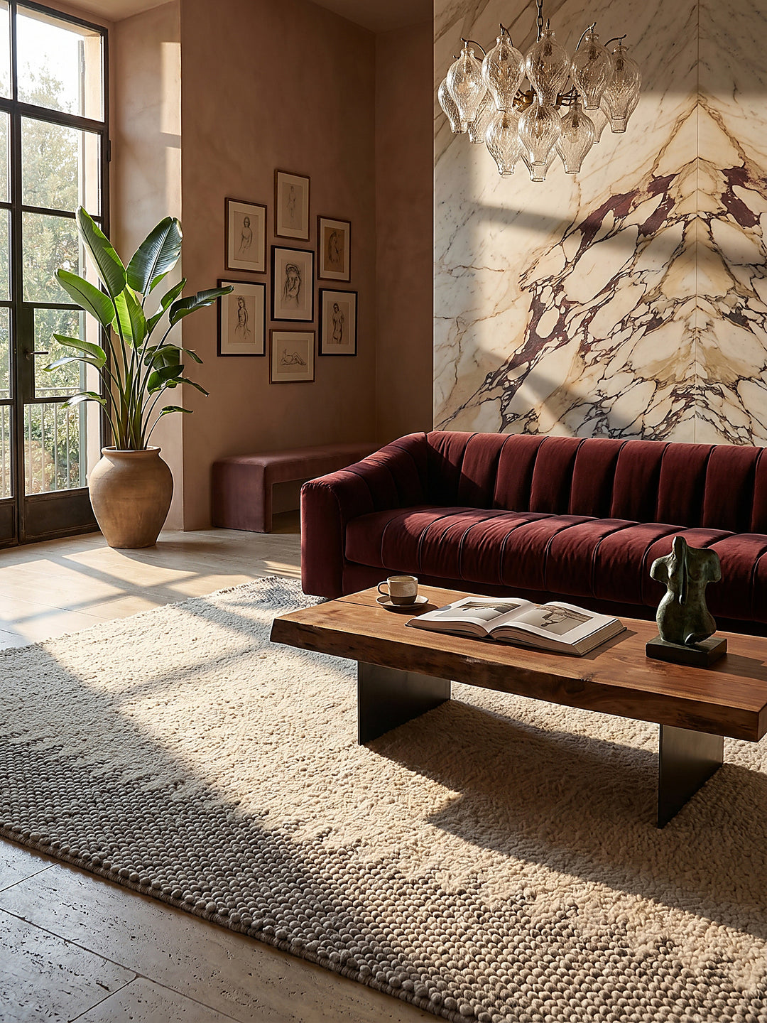 Teppich Beige rechteckig im Wohnzimmer mit Couchtisch und Wohnaccessoires Wohnidee skandinavisch modern_