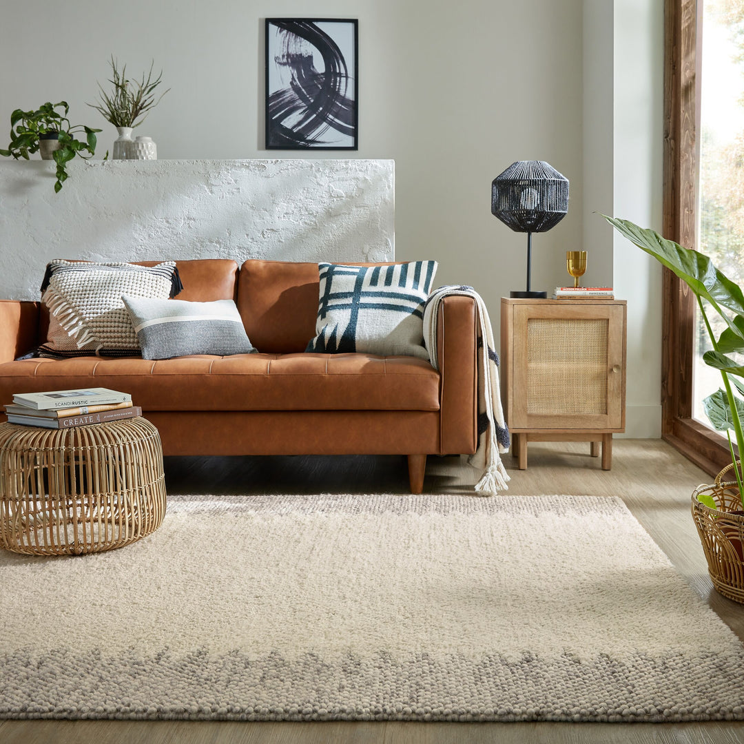 Wollteppich mit Noppeneffekt und geometrischem Bordürendesign_Beige_Rechteckig_