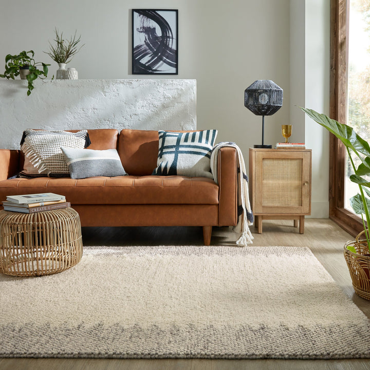 Wollteppich mit Noppeneffekt und geometrischem Bordürendesign_Beige_Rechteckig_