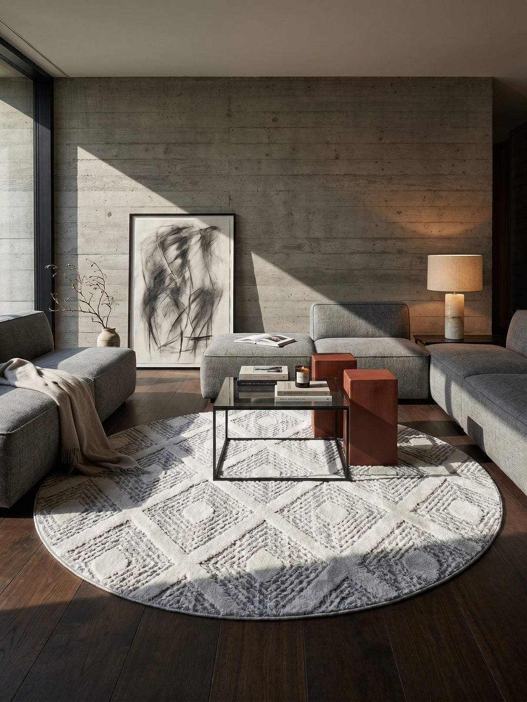 Teppich Grey rund im Wohnzimmer Einrichtungsidee_