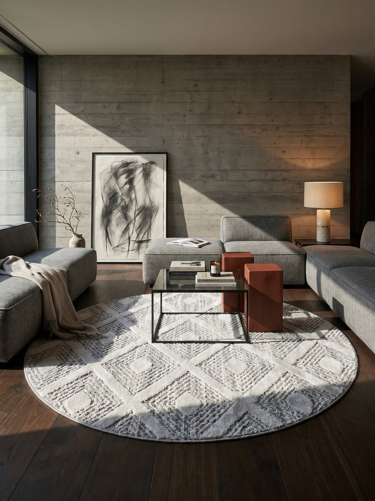 Teppich Grey rund im Wohnzimmer Einrichtungsidee