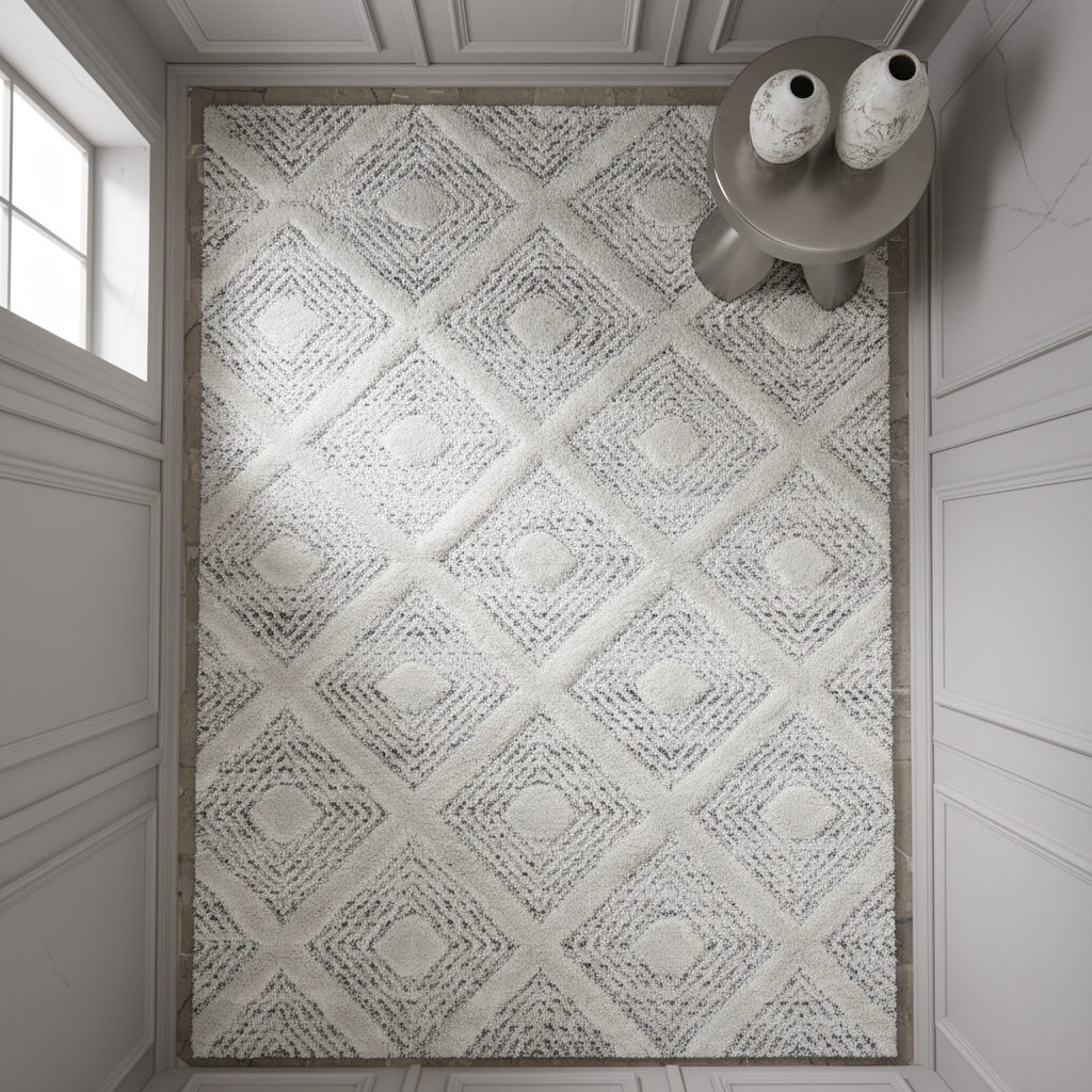 3D Hochflor-Teppich Rauten mit Punktstruktur – Waschbar | Hoch-Tief-Effekt | 2,00 cm Florhöhe für Wohnkomfort – Ansicht 3