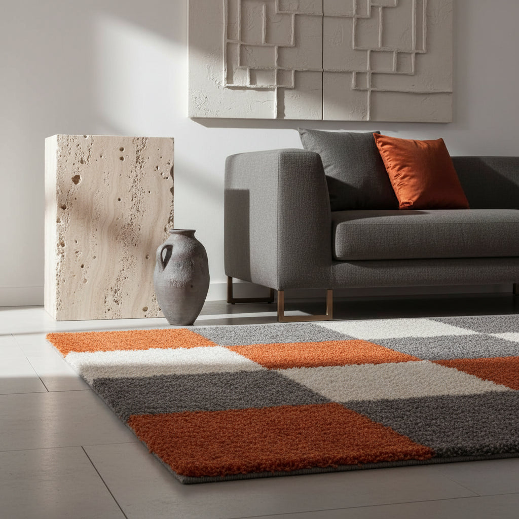 Teppich Hochflor Karo Polypropylen Wohnzimmer Shaggy_Läufer_